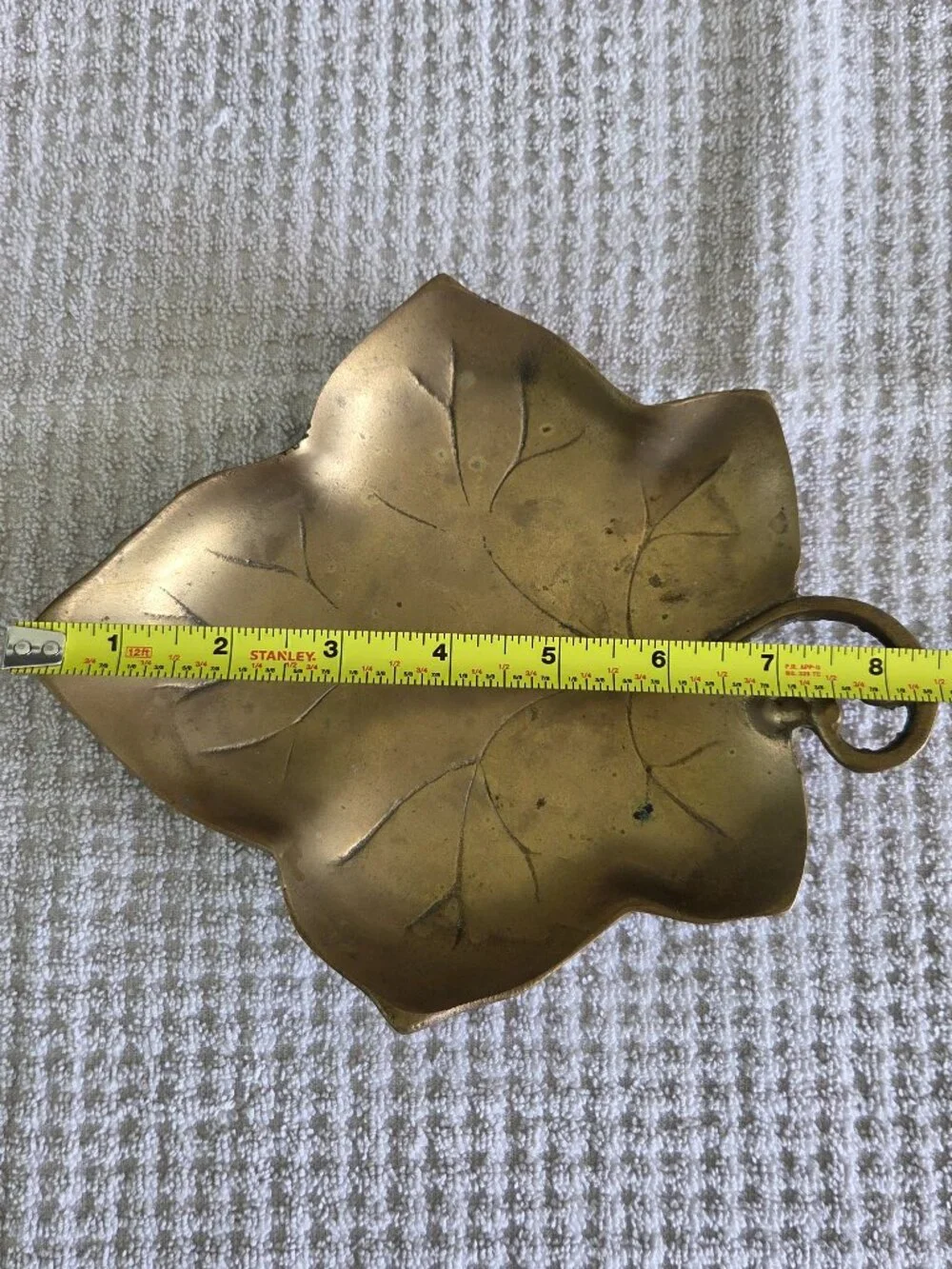 Vintage Brass Leaf Dish Etched Trinket Tray Ivy Grape Stem Catchall 8.5